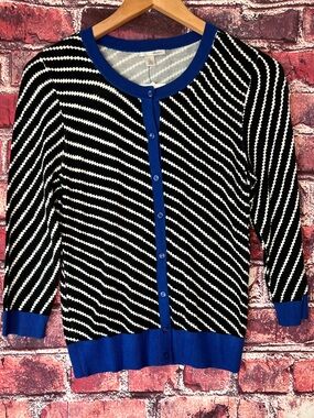 Halogen Black & White Diagonal Stripe Cardigan with Blue Trim
